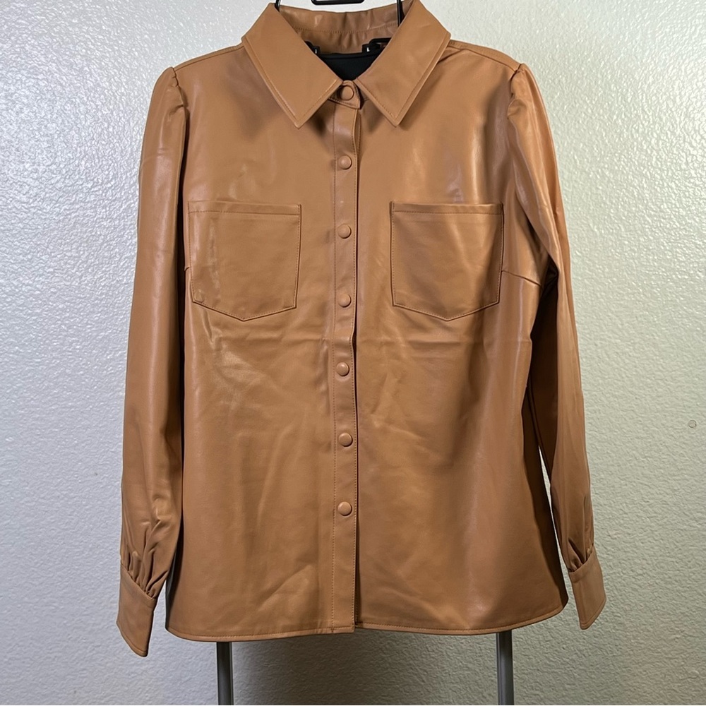 G by Giuliana Faux Leather Button-Down Shirt Jacket in Camel